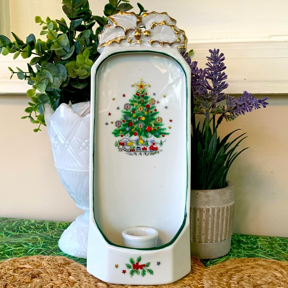 Vintage Salem, Porcelain Fine China Candle holder Wall Sconce w/ Christmas tree